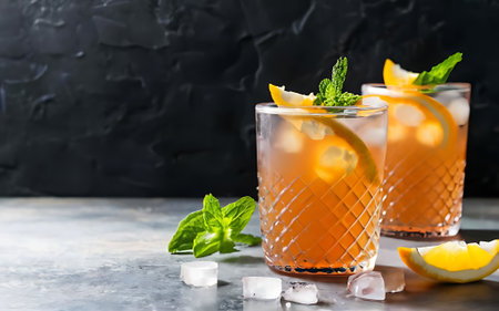Refreshing summer cocktail with orange mint and ice in glassesの素材