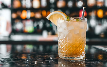 Cocktail with ice lemon and straw on the bar counterの素材