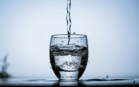 Clear drinking water falls into a clear glass healthy wholesome fresh water with no odor or taste splash of water drops splashing onto the surface jet of water entering the glassの素材