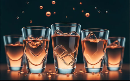 A group of glasses filled with liquid sitting on top of a tableの素材