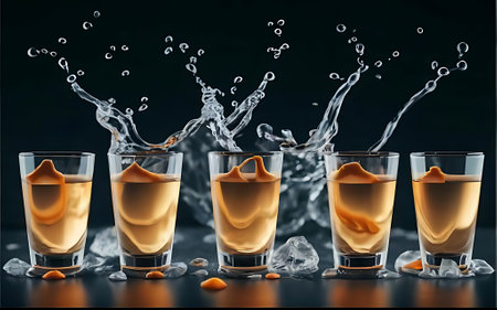 A group of glasses filled with liquid sitting on top of a tableの素材