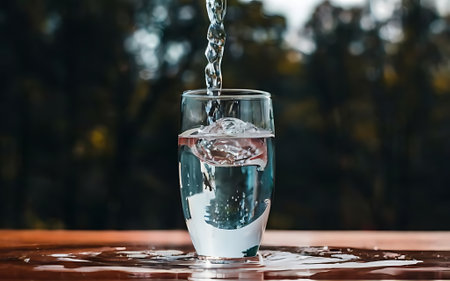 Clear drinking water falls into a clear glass healthy wholesome fresh water with no odor or taste splash of water drops splashing onto the surface jet of water entering the glassの素材