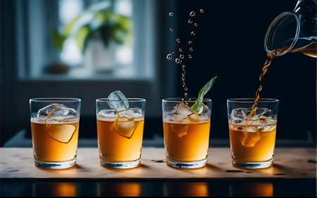A group of glasses filled with liquid sitting on top of a tableの素材