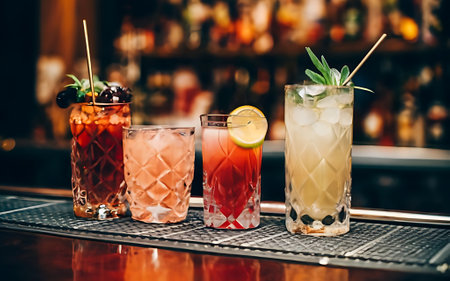 Cocktails set on a bar at casino cocktails assortmentの素材