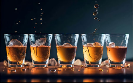 A group of glasses filled with liquid sitting on top of a tableの素材