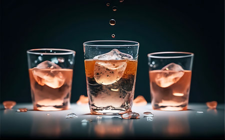 A group of glasses filled with liquid sitting on top of a tableの素材