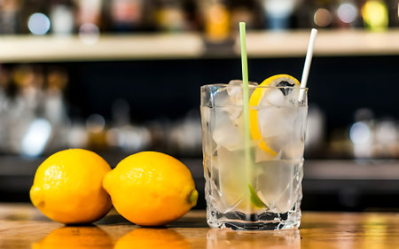 Cocktail with ice lemon and straw on the bar counterの素材