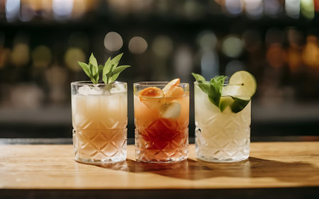 Cocktails on wooden bar counter closeupの素材