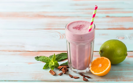 Smoothie on pink wooden backgroundの素材