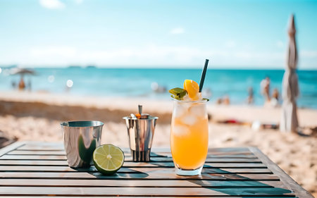Fresh cocktails on the table on a summer sunny beachの素材
