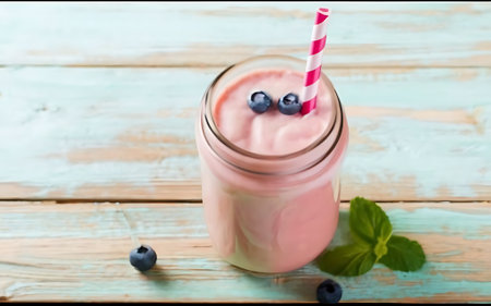 Smoothie on pink wooden backgroundの素材