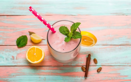 Smoothie on pink wooden backgroundの素材