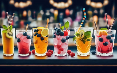 Many different refreshing colorful fruit cocktails with ice lemon mint and berries on a bar counter night club party with soft drinks illustrationの素材