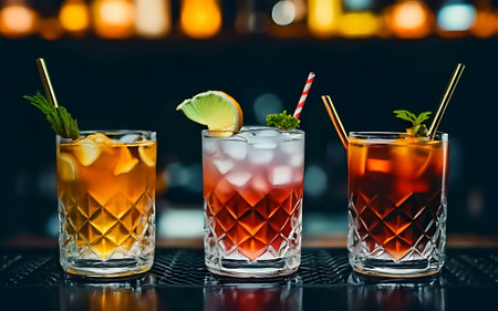 Generative ai three different bright cocktails glasses on the bar dark backgroundの素材