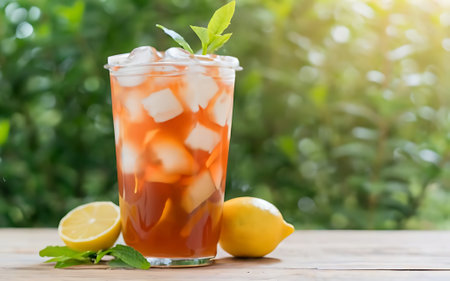 This is iced lemon tea on leaf blurred background soft toneの素材