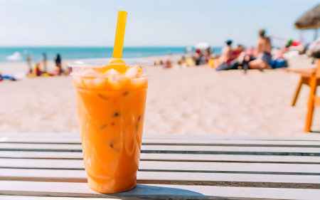 Iced orange juice on the beach with blurred people on the backgroundの素材