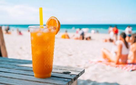 Iced orange juice on the beach with blurred people on the backgroundの素材