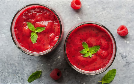From above view of two glass of red smoothie with iceの素材