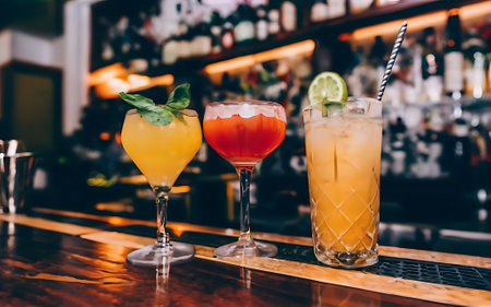 Alcoholic cocktails on the bar counter in the pub or restaurantの素材