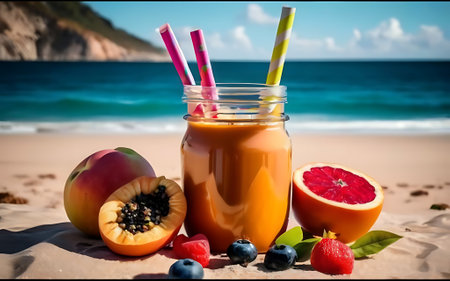 Fresh fruits juice on sea and beach background healthy summer beverage rich in vitaminsの素材