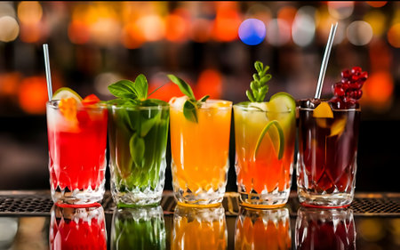 Beautiful line of colorful alcoholic cocktails in a nightclub barの素材