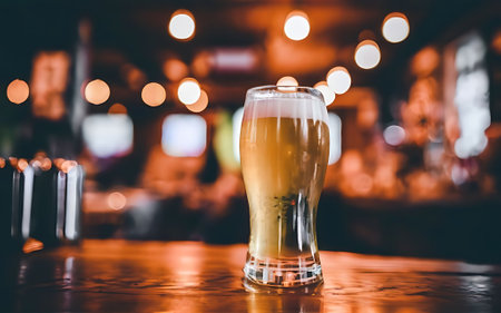Beer in a glass on a bar under the bokeh lightの素材