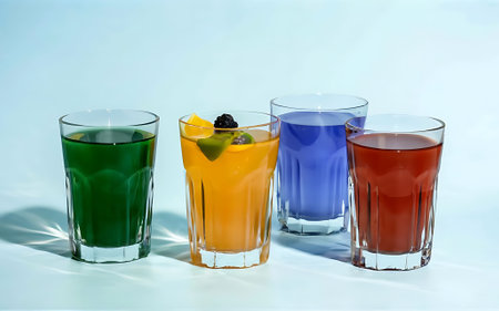 Colorful drinks in transparent glasses with shadows on a bright surfaceの素材