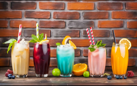 Colored funny drinks on brick background and with decorの素材