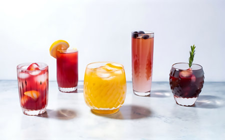 Colorful drinks in transparent glasses with shadows on a bright surfaceの素材