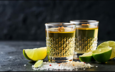 Tequila shot with lime and sea salt on black table selective focus clubの素材