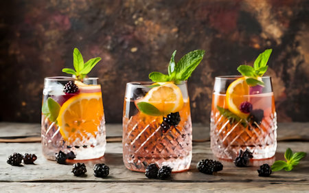 Selection of three kinds of gin tonic with blackberries with orange with lime and mint leaves in glasses on a rustic wooden background copy spaceの素材