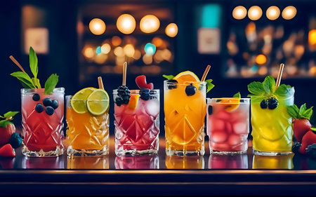 Many different refreshing colorful fruit cocktails with ice lemon mint and berries on a bar counter night club party with soft drinks illustrationの素材