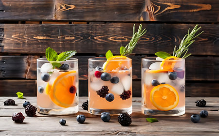 Selection of three kinds of gin tonic with blackberries with orange with lime and mint leaves in glasses on a rustic wooden background copy spaceの素材