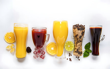 Cold and hot drinks variety top view isolated on white backgroundの素材