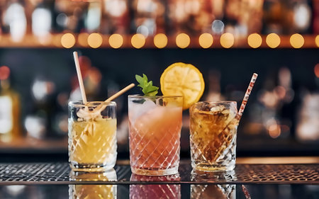 Cocktails on the bar counter in a nightclub cocktails in glassesの素材