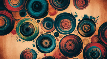 A visually striking artwork featuring a collection of colorful, concentric circles arranged on a textured surface, creating a dynamic and engaging composition.の素材