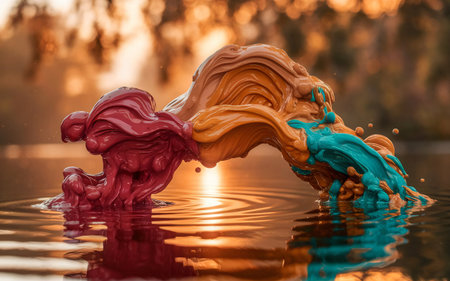 A close-up shot of an abstract sculpture, with red, orange, and teal colors, floating in water, creating beautiful reflections.の素材