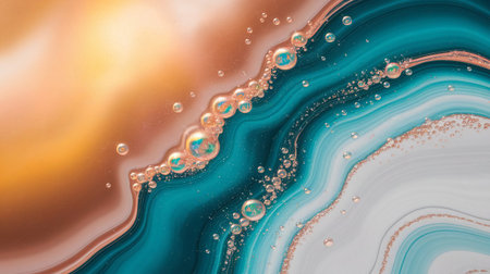 An artistic close-up of a fluid painting with swirling teal, white, and gold colors, creating a marble-like effect.の素材