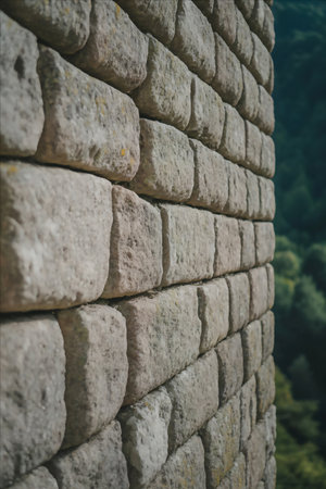 A detailed close-up of an ancient stone wall, featuring large, irregularly shaped blocks of light-colored stone. The rough texture and visible mortar lines create a sense of age and durability, with a blurred natural background.の素材