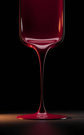A close-up shot of a wine glass filled with a deep red liquid, set against a stark black backdrop, highlighting the glasss sleek design and the liquids rich color.の素材