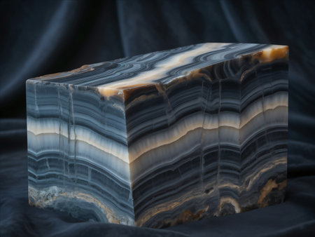 A close-up shot of a polished Blue John fluorite mineral specimen, showcasing its unique purple, blue, and white banded patterns against a dark background.の素材