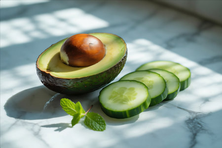 A vibrant still life featuring a halved avocado with its pit, neatly sliced cucumber rounds, and a fresh mint leaf, all arranged on a light marble surface under natural sunlight.の素材