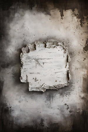 Close-up of a textured surface featuring a white, weathered patch against a dark, grungy background. The patch appears to be peeling or flaking, revealing layers.の素材