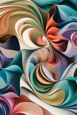 An abstract artwork featuring swirling, layered forms in a rich palette of colors, creating a sense of movement and depth.の素材