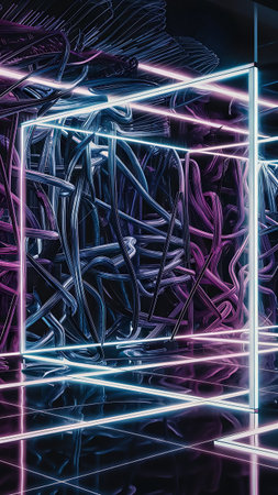 A captivating digital artwork featuring a neon cube structure intertwined with cables, showcasing a futuristic and abstract design with vibrant colors.の素材