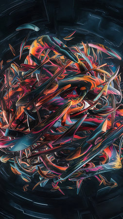 A close-up view of an abstract artwork featuring a complex arrangement of colorful, interwoven lines and shapes. The colors are rich and varied, creating a dynamic and visually engaging composition.の素材