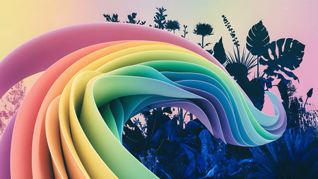 A vibrant and artistic image featuring a swirling rainbow wave in the foreground, with lush plants and foliage in the background. The colors are vivid and the composition is visually appealing.の素材