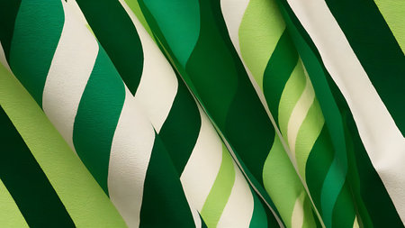 Close-up shot of a fabric with green and white stripes, creating a visually appealing pattern with soft folds and textures.の素材