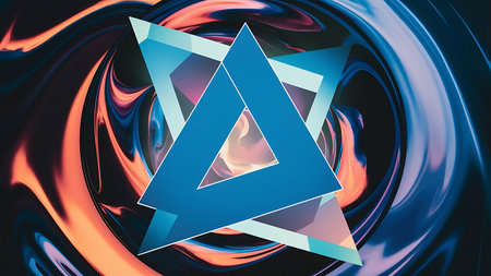 A vibrant digital artwork featuring a blue triangle superimposed over a star-like shape, set against a dynamic background of swirling orange and blue hues.の素材