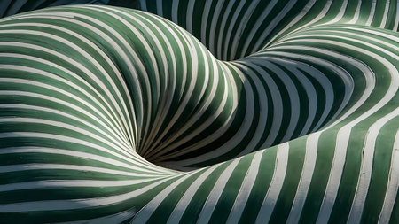 Close-up of a fabric with green and white stripes, forming a curved, tunnel-like shape, showcasing texture and design.の素材